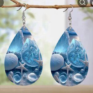 Beautiful Blue Sea Life Leather Earrings Light Weight Starfish Abalone SeaShells